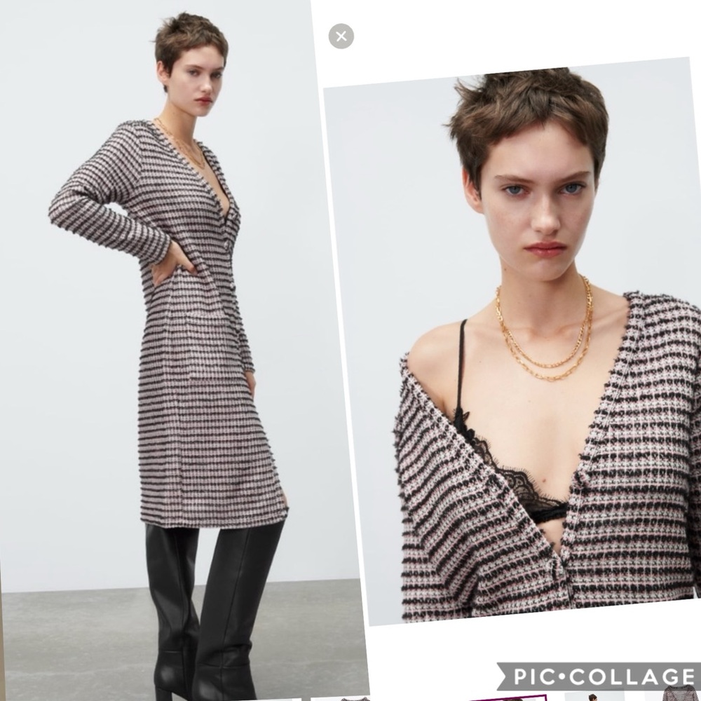 New  Zara Textured Tweed Midi Button Down Dress / Duster